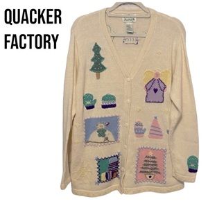 QVC Quacker Factory WINTER CHRISTMAS HOLIDAY Sweater MEDIUM Button Cardigan EUC